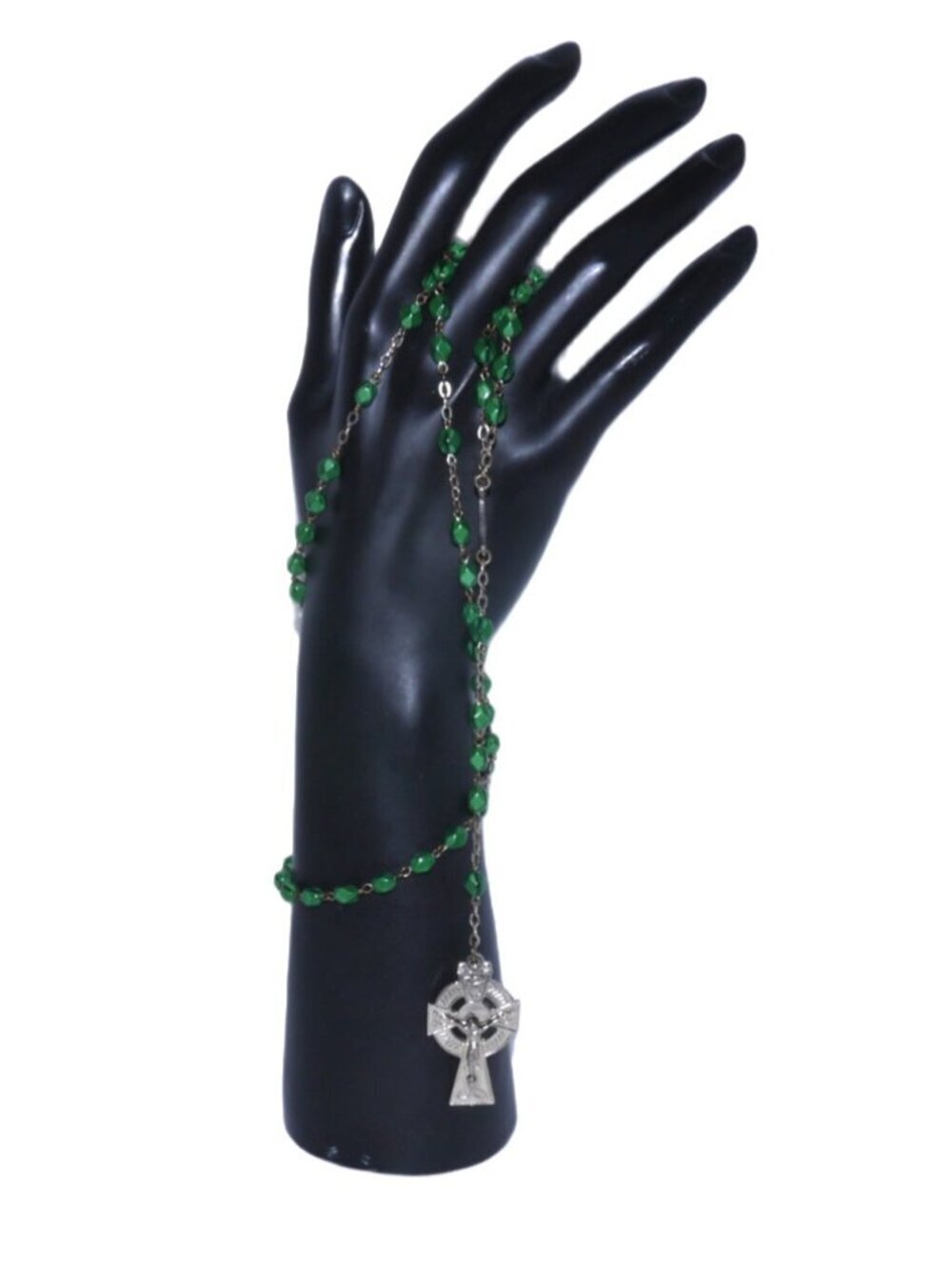 Vintage Irish Celtic Rosary green beads silver tone cross Our Lady Of Knock